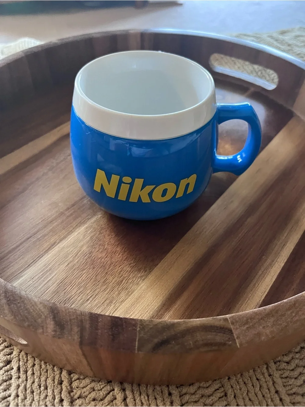 VTG NWOT 1983 Nikon Blue Thermal Promo Mug with Yellow Logo and White Interior